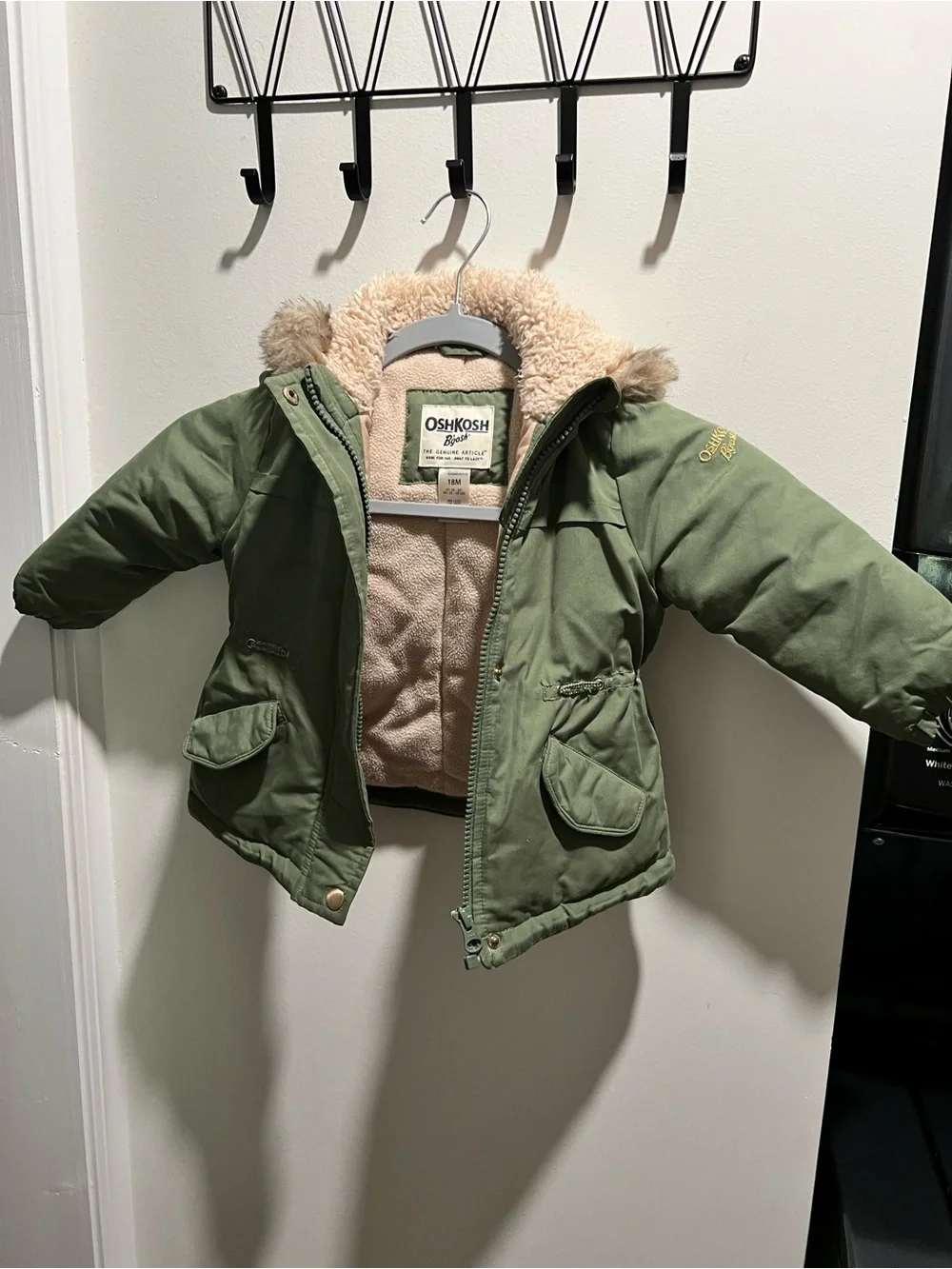 OshKosh B'gosh Olive Green Jacket with Cream Sherpa Hood Trim